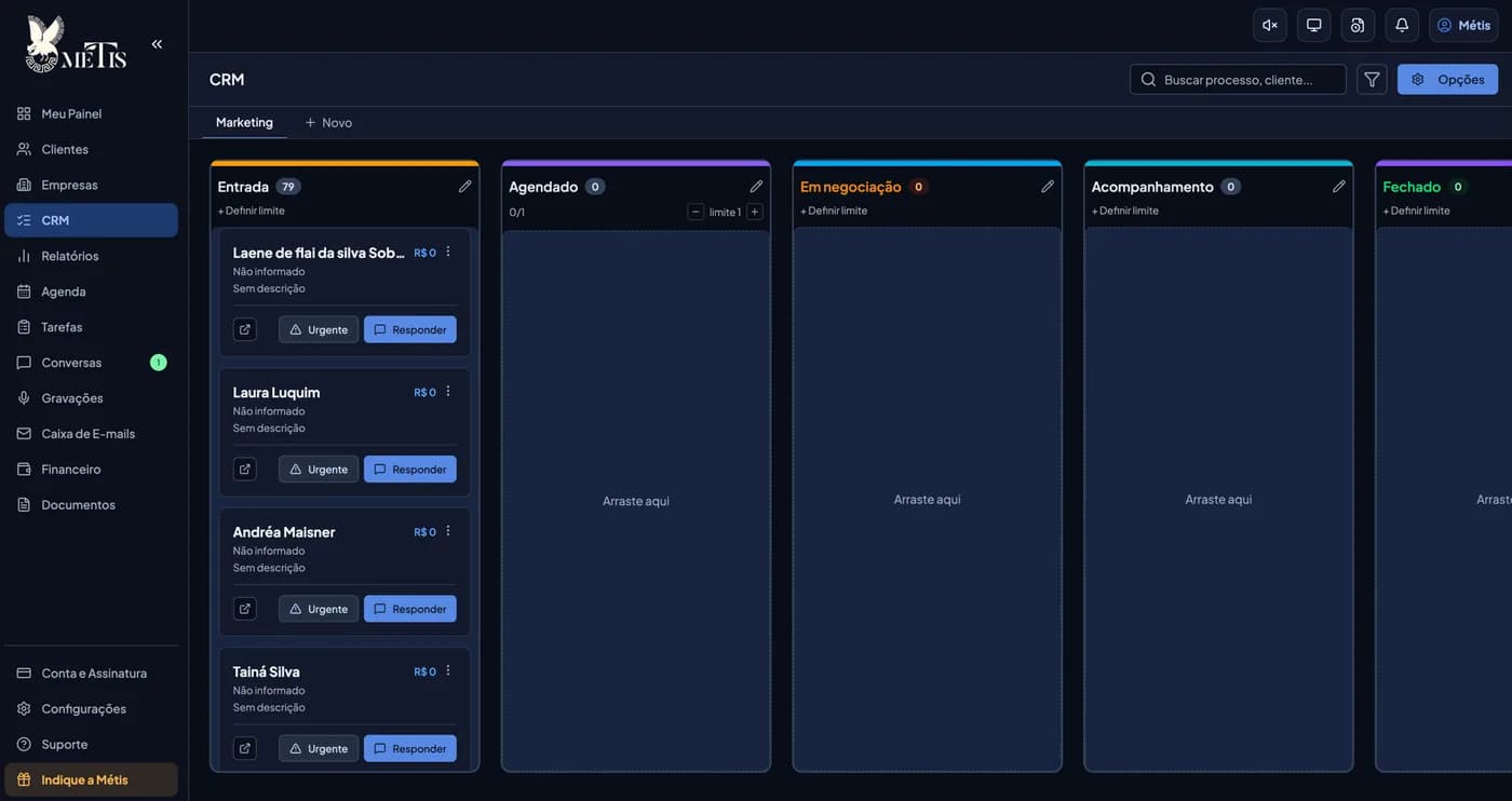 Painel de CRM da Métis: funil kanban com as colunas Entrada, Agendado, Em negociação, Acompanhamento e Fechado.